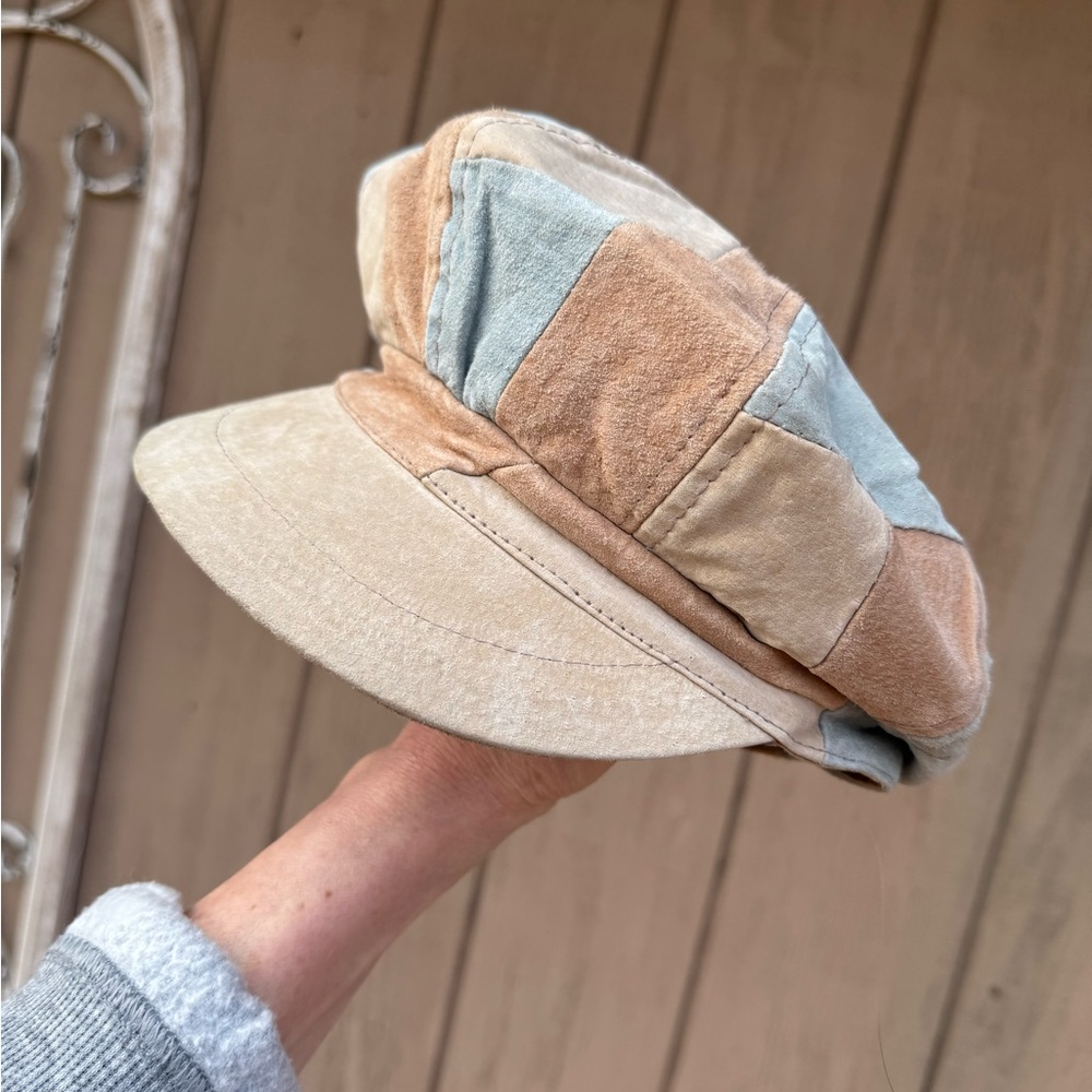 Vintage suede Patchwork Beige Blue Women's Hat pageboy - Picture 2 of 10